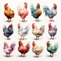 Funny Looking Chickens Watercolor Clipart on White Background AI Generated