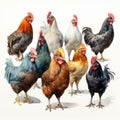 Funny Looking Chickens Watercolor Clipart on White Background AI Generated