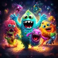 Funny-looking colorful monsters having fun. Junkie aliens partying together, dancing, tripping, smiling