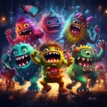 Funny-looking colorful monsters having fun. Junkie aliens partying together, dancing, tripping, smiling