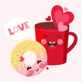 Funny love characters red coffee mug and donut. Sweet romantic couple feel happy and joyful. Hearts characters as