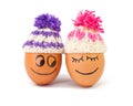 Funny lovely eggs in winter hats Royalty Free Stock Photo