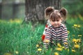 An funny lovely little five-year girl in green grass in the park. Royalty Free Stock Photo