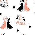 Funny lovely seamless pattern with rabbit couple and letters Royalty Free Stock Photo