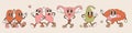 Funny lungs, kidneys, uterus, gallbladder, intestines retro cartoon characters set. Vector hand drawn doodle style traditional