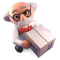 Funny mad scientist professor takes delivery of a cardboard box, 3d illustration