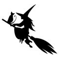 Funny magic silhouette of witch and cat flying on broom Royalty Free Stock Photo