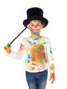 Funny magician with hands and face full of paint Royalty Free Stock Photo