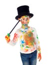 Funny magician with hands and face full of paint Royalty Free Stock Photo
