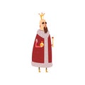 Funny mald king character in red mantle holding orb and scepter cartoon vector Illustration