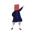 Funny male character in costume with box on head vector flat illustration. Joyful guy dancing wearing cardboard isolated