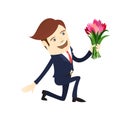 Funny male character wearing suit gives flowers. Vector illustration