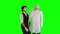 Funny male mime in white gown and imitating work of evil dentist. The patient afraids of the doctor. Two actors making
