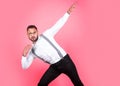 Funny male model with win gesture celebrate success. Portrait of funny funky crazy man, winner face expression. Royalty Free Stock Photo