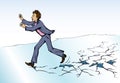 When things get hard, don`t stop! A man runs on breaking ice. Vector drawing Royalty Free Stock Photo