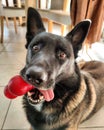 funny Malinois shepherd and his toy