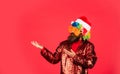 Funny man with beard. Winter holidays. Disco music. Warmest greetings this season. Bearded man celebrate christmas