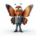 Funny Man With Big Orange Butterfly Photorealistic Maya Rendering