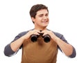 Funny man with binocular. On white background. Royalty Free Stock Photo