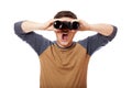 Funny man with binocular. On white background. Royalty Free Stock Photo