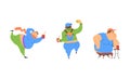 Funny Man Character with Fat Belly Drinking Soda Ice Skating and Walking with Backpack Vector Set