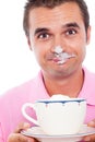 Funny man and coffee with whipped cream Royalty Free Stock Photo