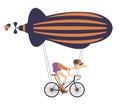 Cycling man flying on the airship Royalty Free Stock Photo