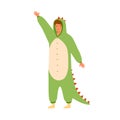 Funny man in dinosaur kigurumi with raised hand. Male character wearing animal costume for carnival party. Cheerful