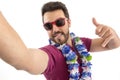 Selfie. POV. Man enjoys the Carnival. Party. Beautiful and beard