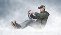 Funny man driving a car in winter