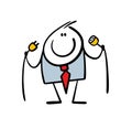 Funny man in an elegant suit holds a wire, a socket and an electric plug to turn on the device. Vector illustration of