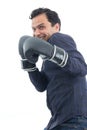 Funny man is fighting. boxing. The person is wearing dark blue s Royalty Free Stock Photo