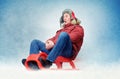 Funny man fly on a sled in the snow, concept winter fun Royalty Free Stock Photo