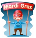 Funny man holding Mardi gras banner