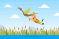 Funny Man Hunter Character Flying with Duck Bird Cartoon Vector Illustration Royalty Free Stock Photo