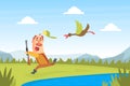 Funny Man Hunter Character Running away from Flying Duck Bird Cartoon Vector Illustration Royalty Free Stock Photo