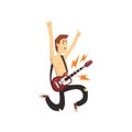 Funny man in jumping action with electric guitar. Cartoon character of young musician. Guy dressed in black ripped pants Royalty Free Stock Photo