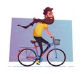 Funny man with long beard ride a bike. Vintage bicycle. Cartoon vector illustration