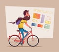 Funny man with long beard ride a bike. Vintage bicycle. Cartoon vector illustration