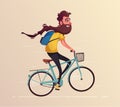 Funny Man With Long Beard Ride A Bike. Vintage Bicycle. Cartoon Vector Illustration