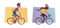 Funny man with long beard ride a bike. Vintage bicycle. Cartoon vector illustration