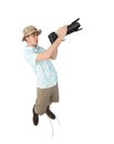 Funny man photographer making picture by camera. Royalty Free Stock Photo