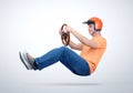 Funny man in red helmet car driver with wooden steering wheel, auto concept Royalty Free Stock Photo