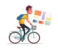 Funny man ride a bike. Vintage bicycle. Cartoon vector illustration