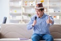 The funny man singing songs in karaoke at home Royalty Free Stock Photo