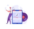 Funny man standing with audio player and earphones, listening to music. Concept of podcasts, vinil record, audiobooks, music