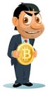 Funny man in a suit holds bitcoin simbol.
