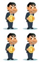 Funny man in a suit holds coin. Dollar, euro, yen, pound sterling.