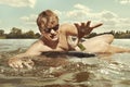 Retro man in summer lake have fun with inner tube Royalty Free Stock Photo