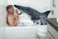 Funny Man, Tub, Bathtub, Shark, Bathing